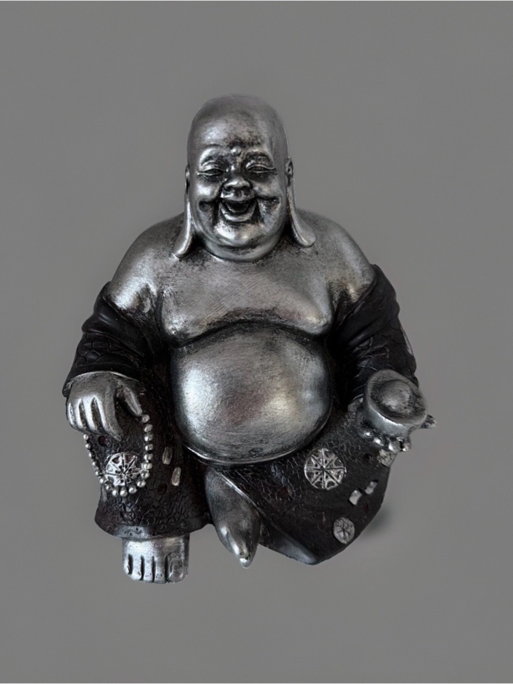 Two-toned silver and black Laughing Happy Buddha statue. 6”. Excellent Condition